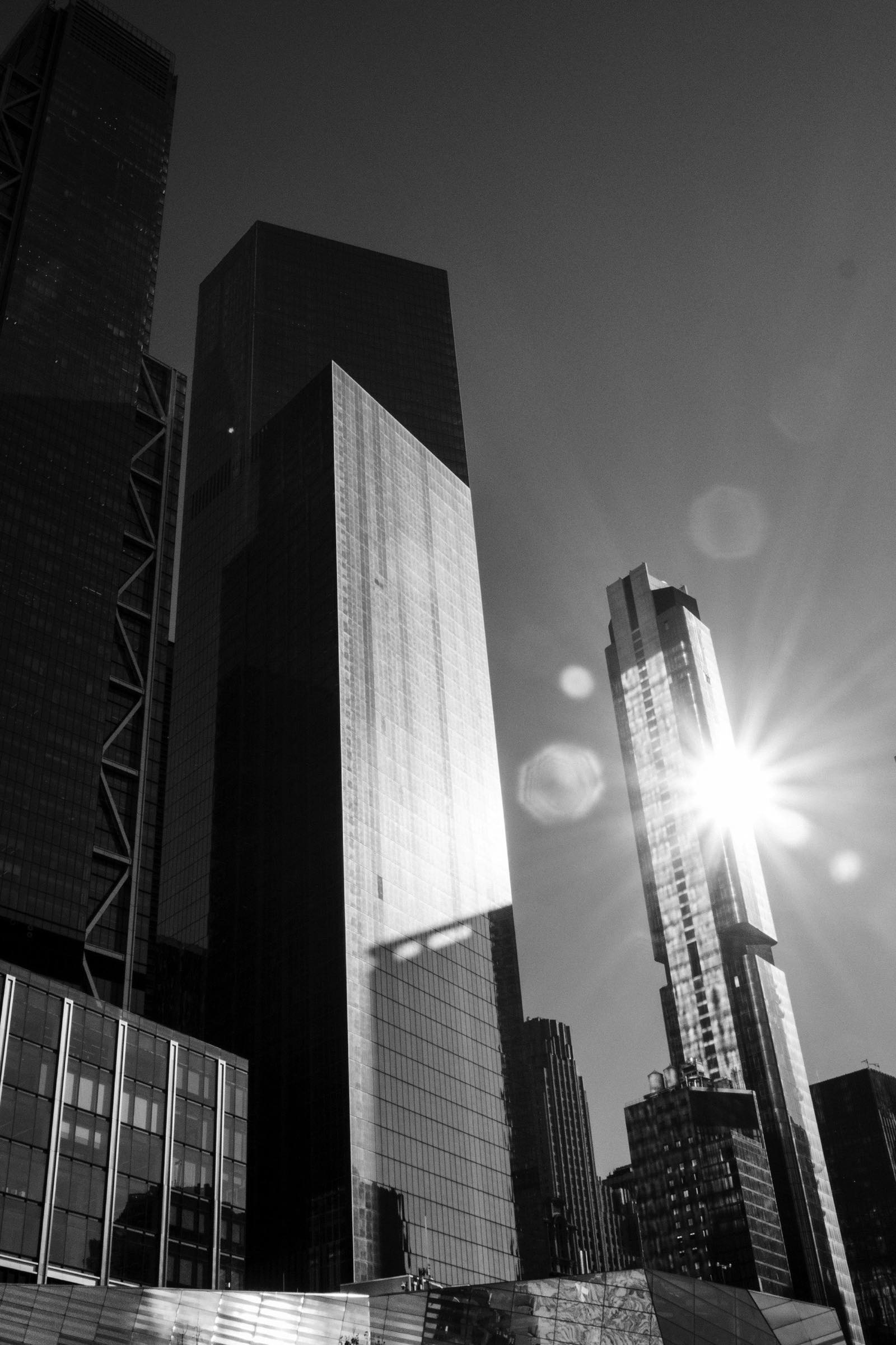 A city financial district at dusk.